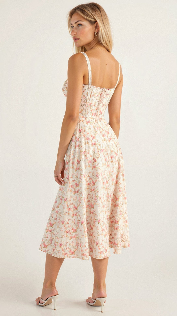Elegant dame midikjole i farverigt blomsterprint, med sofistikeret slids og justerbare stropper.