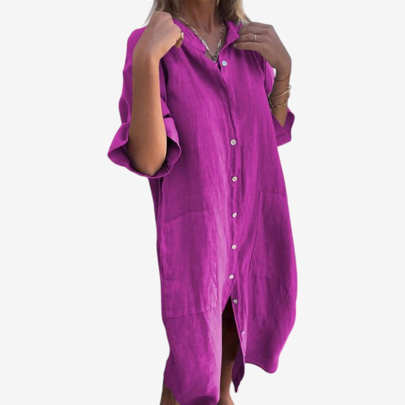 Alsidig dame midikjole med lange ærmer og knapper; elegant og moderne til forår/sommer.