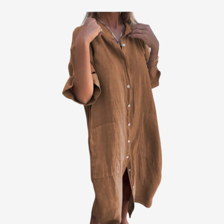 Moderne dame midikjole til forår/sommer, med løs pasform og lange ærmer for komfort og stil.