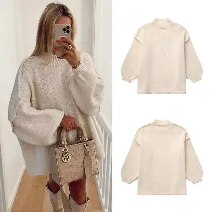 Stilfuld oversize damepullover i blød strik. Varm og komfortabel til efterår. Et must-have.