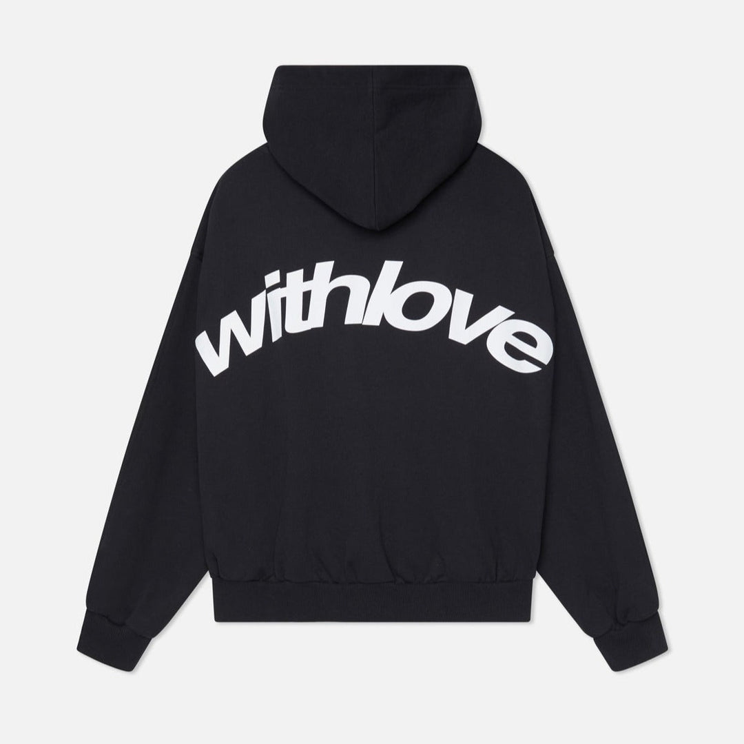 En essentiel oversized damehoodie med stilfuldt 'With Love'-print, ideel til hverdagsbrug og hygge.