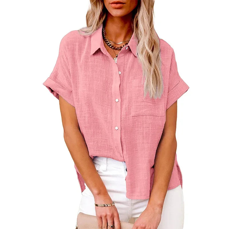 Plus size dames bluse med løs pasform og korte ærmer, komfortabel til sommer.