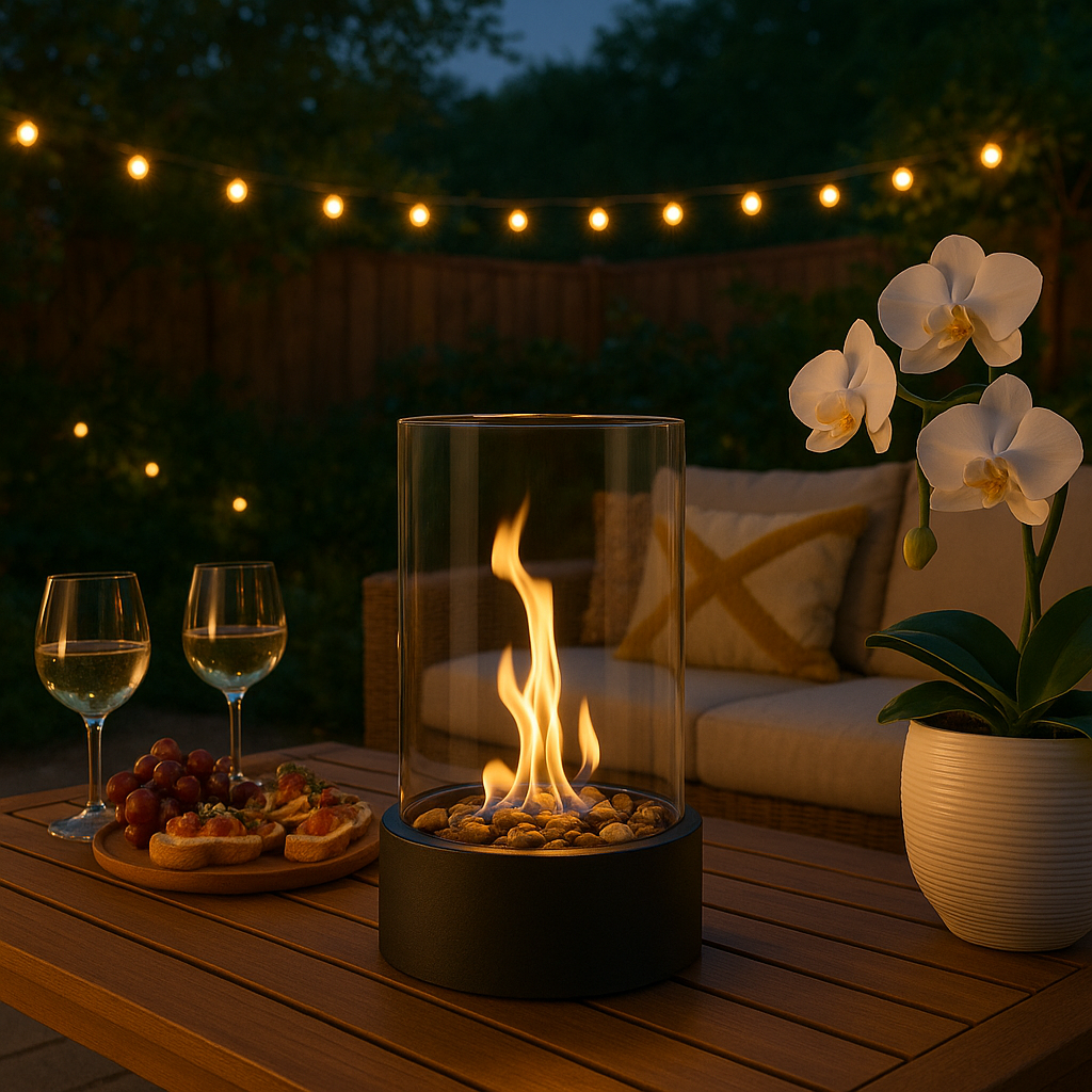 Elegant bærbar bioethanol bordpejs med glas, skaber lugtfri hygge indendørs.