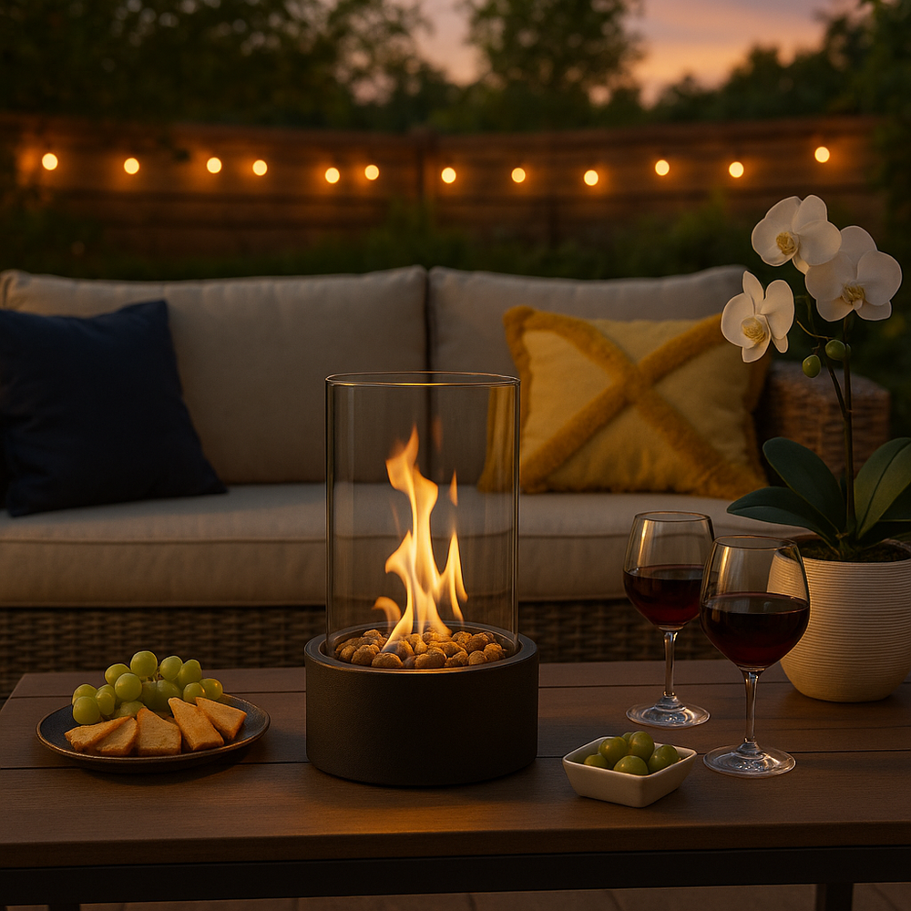 Bærbar bioethanol bordpejs i sort design, perfekt til hygge og dekorativ varme.