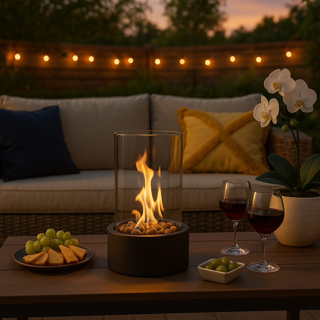 Bærbar bioethanol bordpejs i sort design, perfekt til hygge og dekorativ varme.