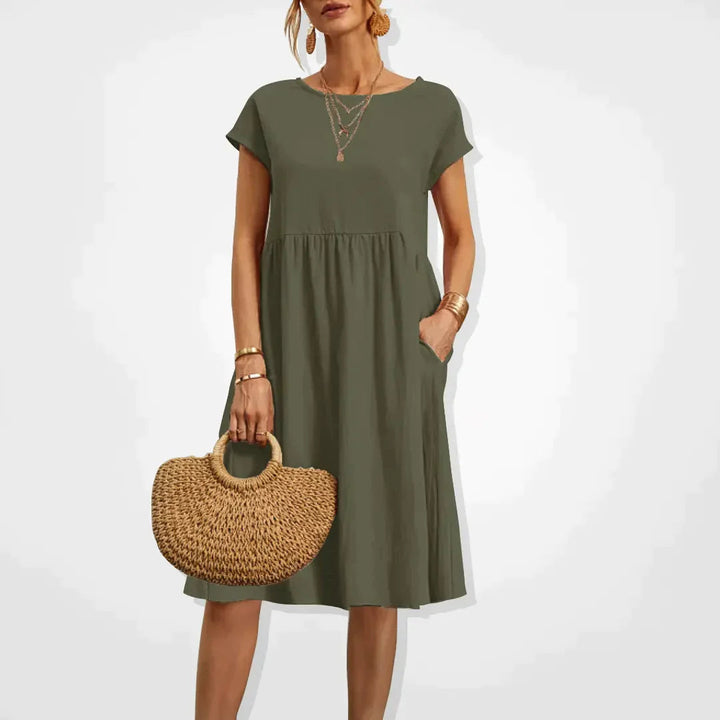 Elegant beige sommerkjole til kvinder, empirestil, velegnet til fest og hverdag.