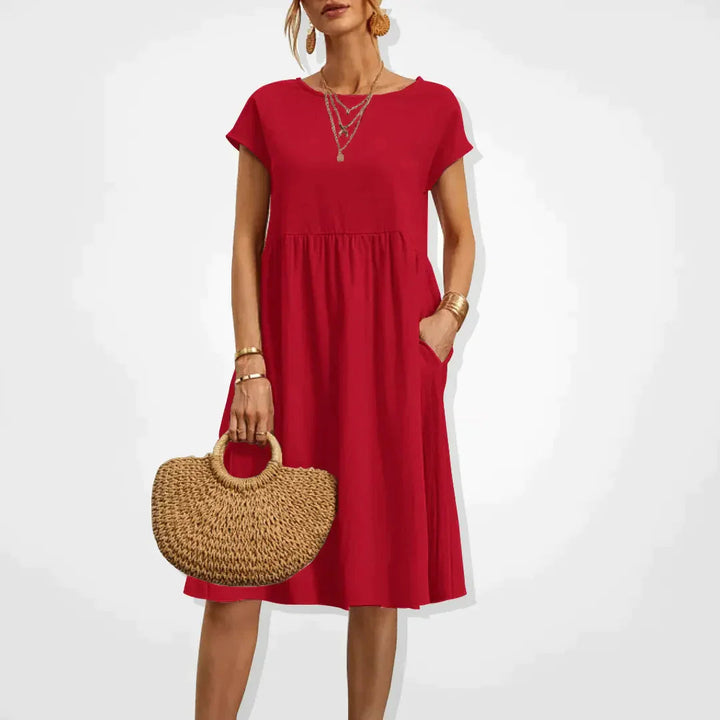 Elegant beige sommerkjole til kvinder, empirestil, velegnet til fest og hverdag.