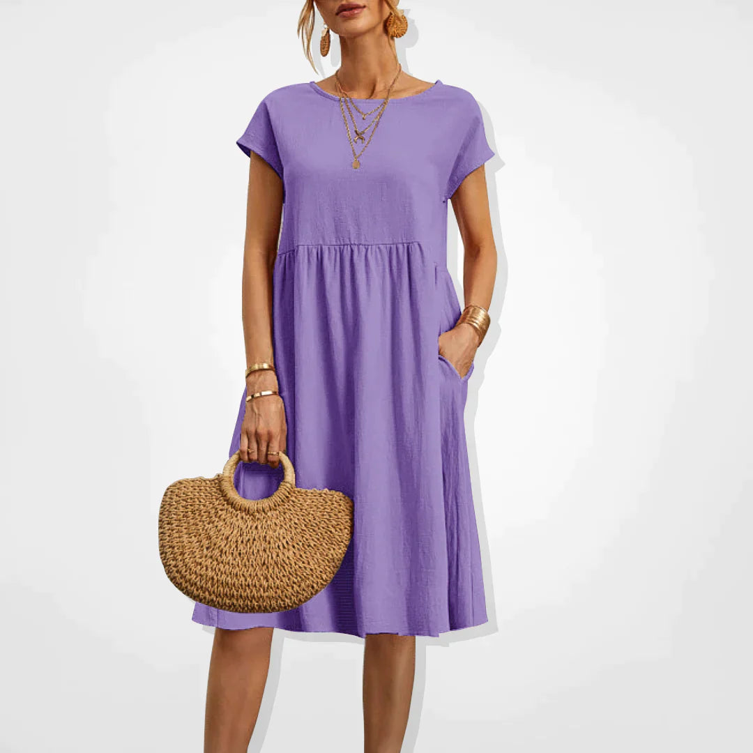 Elegant beige sommerkjole til kvinder, empirestil, velegnet til fest og hverdag.