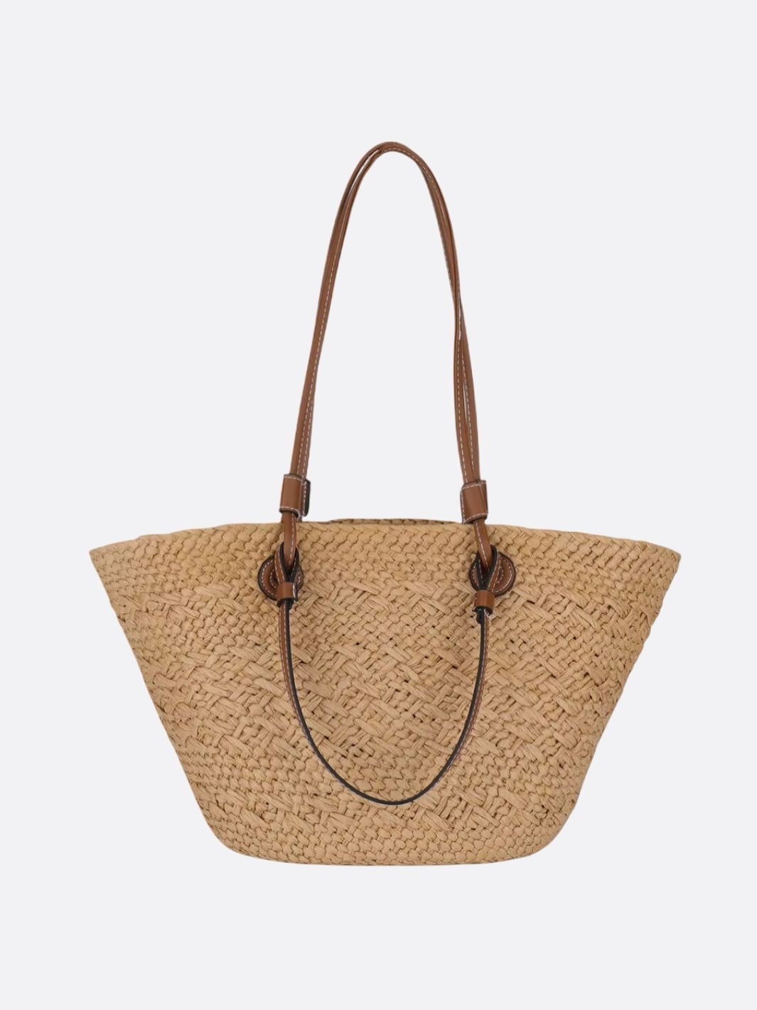 Elegant beige strå- og læder tote taske til kvinder, perfekt som rummelig sommertaske.