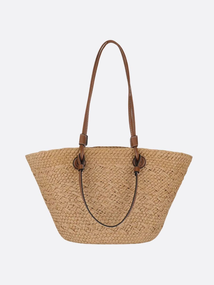 Elegant beige strå- og læder tote taske til kvinder, perfekt som rummelig sommertaske.
