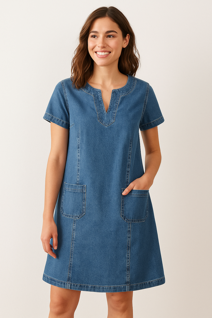 "Elegant blød denim kjole, minimalistisk design, komfortabel pasform, perfekt til fest og hverdag, flatterende silhuet."