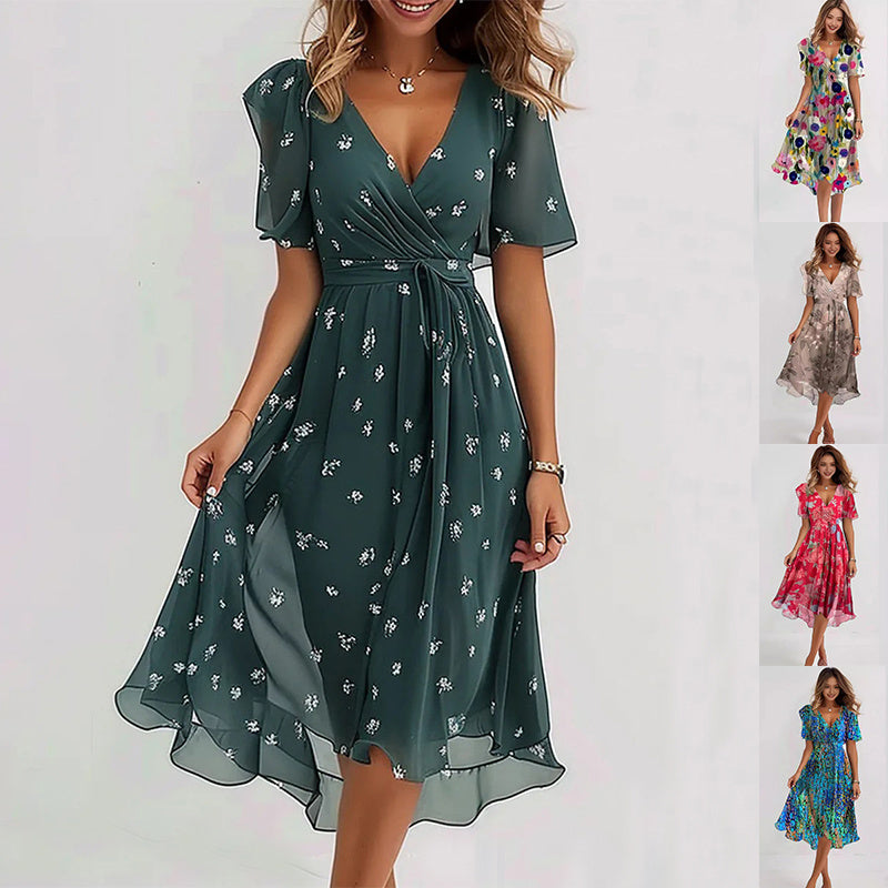 Elegant blomstret midi kjole til kvinder, yndefuld silhuet, tidløs stil til enhver anledning.
