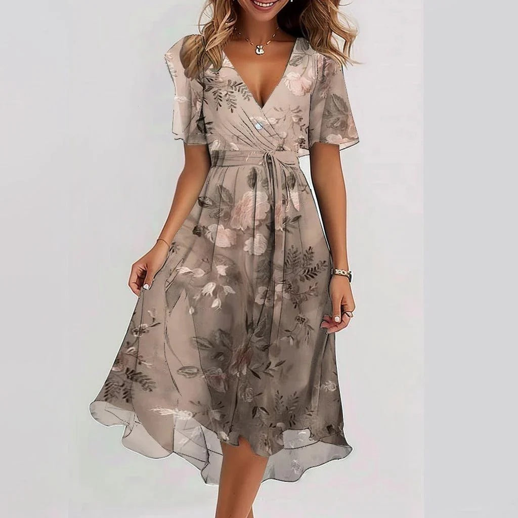 Elegant blomstret midi kjole til kvinder, yndefuld silhuet, tidløs stil til enhver anledning.