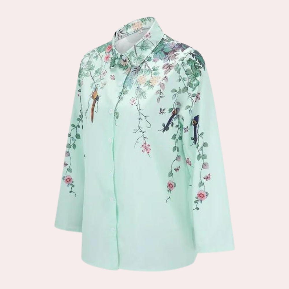 Elegant blomstret bluse til kvinder i grønne nuancer, ideel til sommerbrug og både formelle samt afslappede anledninger.