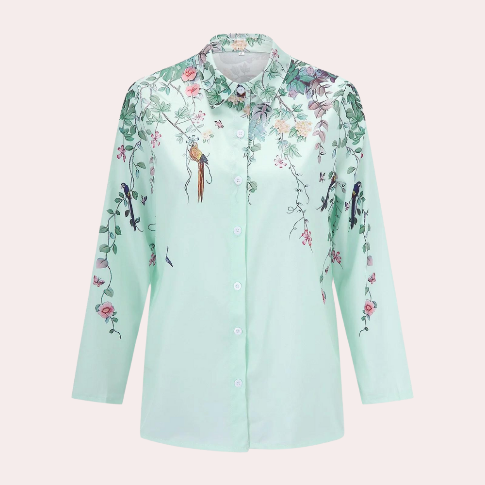 Elegant blomstret bluse til kvinder i grønne nuancer, ideel til sommerbrug og både formelle samt afslappede anledninger.