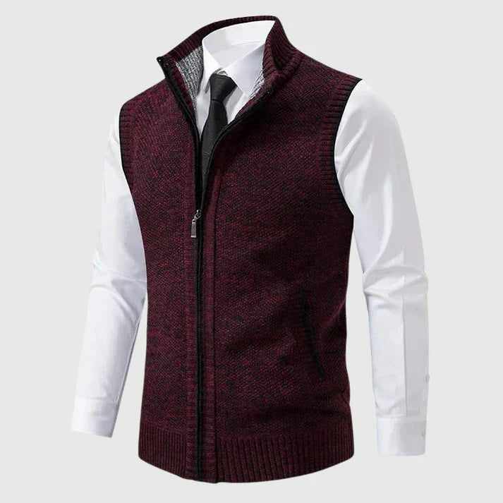 "Elegant brun strikvest til mænd med lynlås og kontrastkanter, perfekt til formelle og afslappede lejligheder."