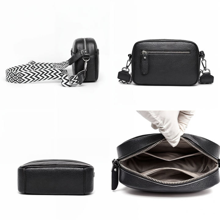 "Elegant crossbody-taske i ægte læder til kvinder; alsidigt design med justerbar rem og flere rum; passer til enhver stil."