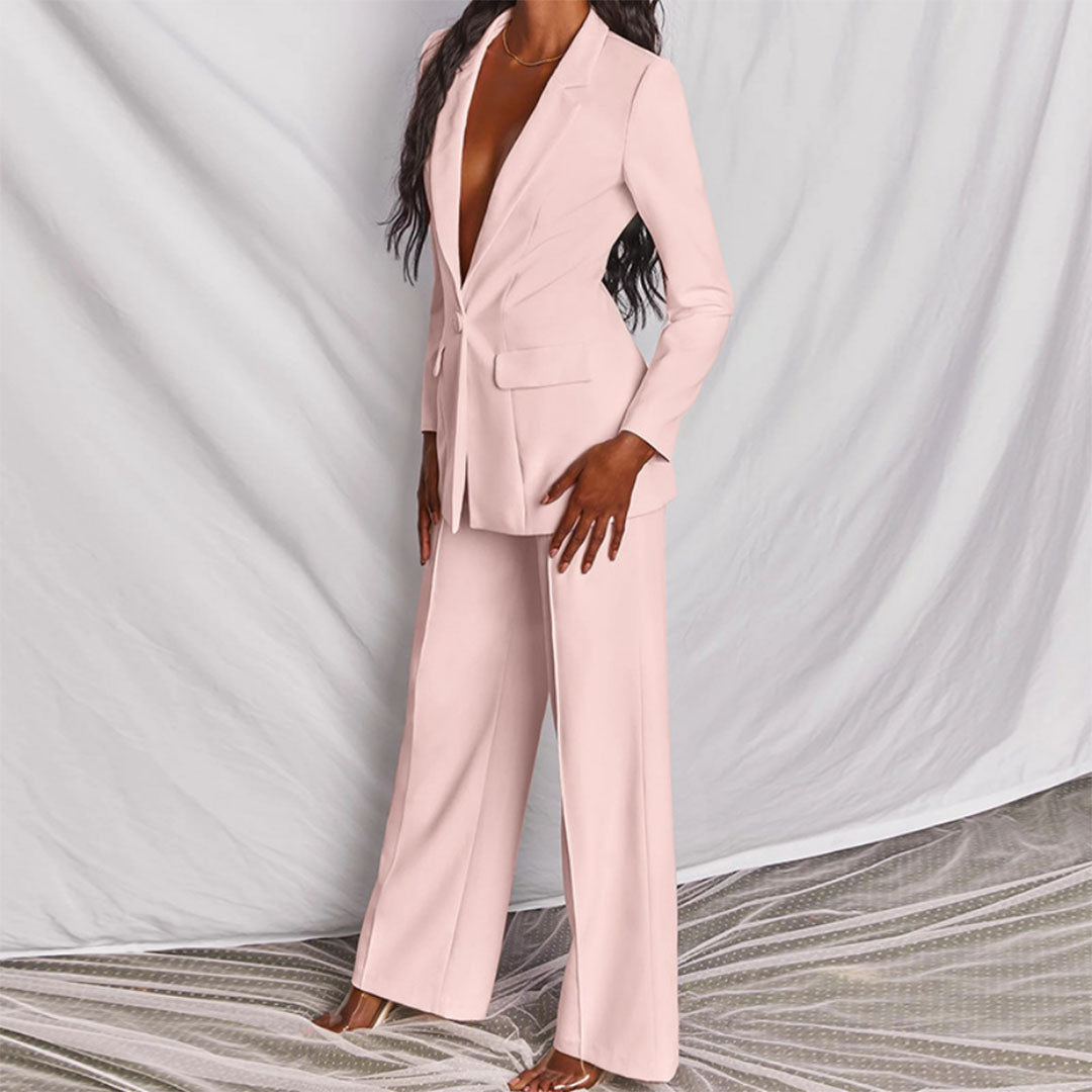 "Elegant dame blazer og bukser sæt, gult design. Perfekt til professionelt og formelt look. Komfortabel pasform."