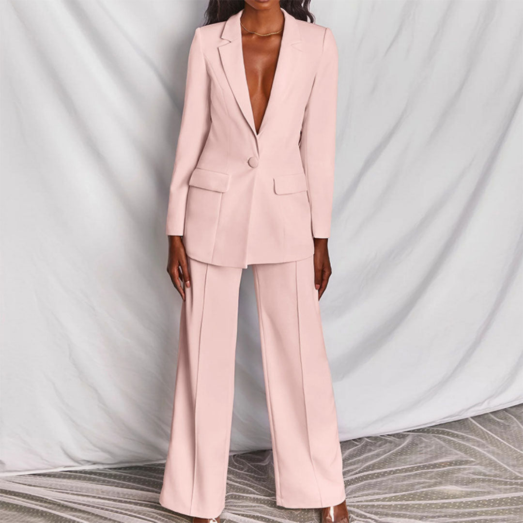 "Elegant dame blazer og bukser sæt, gult design. Perfekt til professionelt og formelt look. Komfortabel pasform."