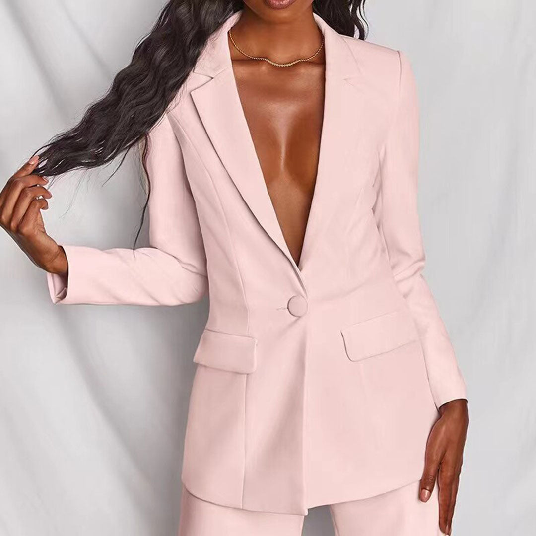 "Elegant dame blazer og bukser sæt, gult design. Perfekt til professionelt og formelt look. Komfortabel pasform."
