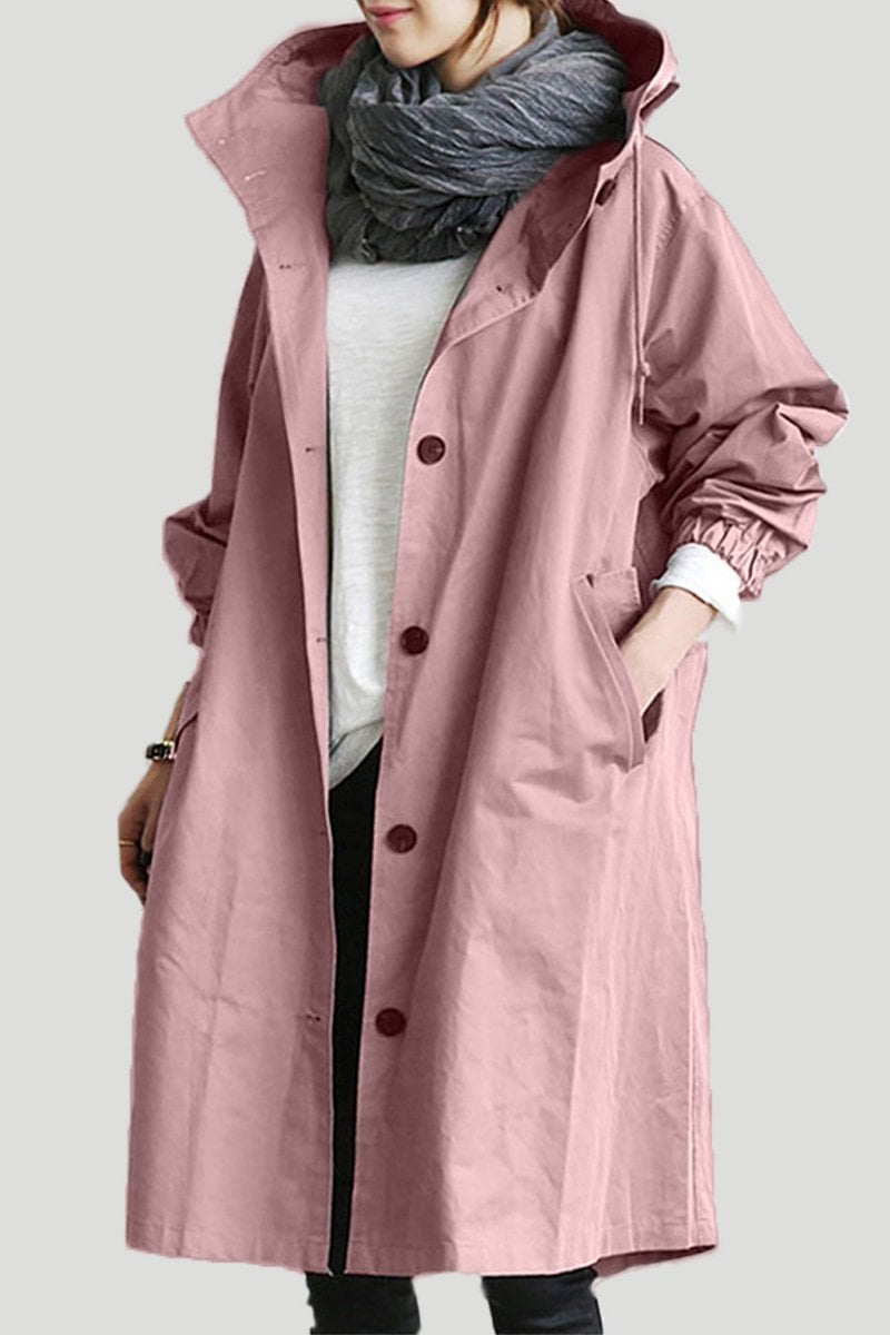 Hættejakke dame regnfrakke. Vandtæt trenchcoat, lang model. Stilfuld og funktionel til regnfulde dage.