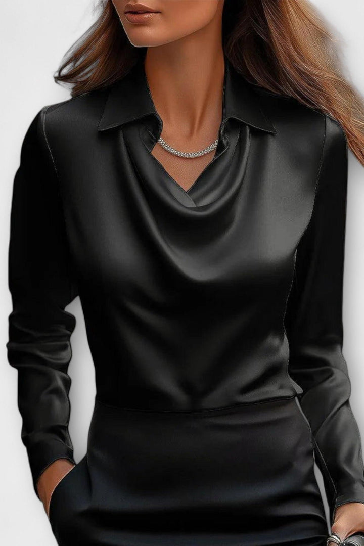Festbluse og arbejdsbluse: elegant damebluse med draperet hals, stilfuld og alsidig.