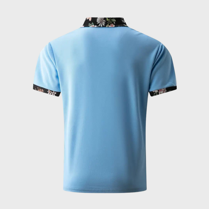 "Elegant herre poloshirt med blomsterkrave og manchetter, slank pasform, perfekt til både casual og formelle lejligheder."