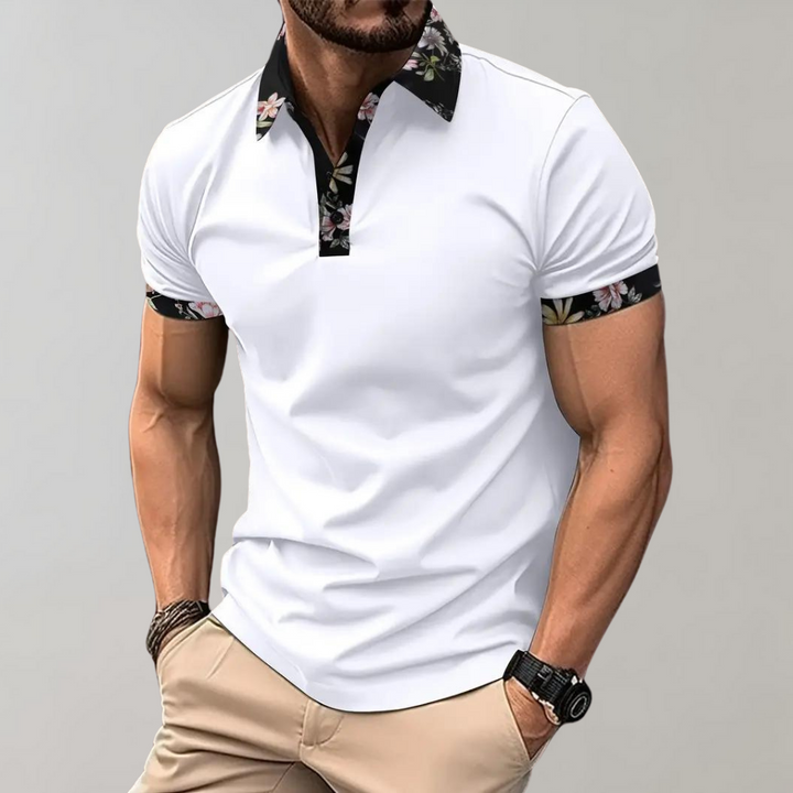 "Elegant herre poloshirt med blomsterkrave og manchetter, slank pasform, perfekt til både casual og formelle lejligheder."