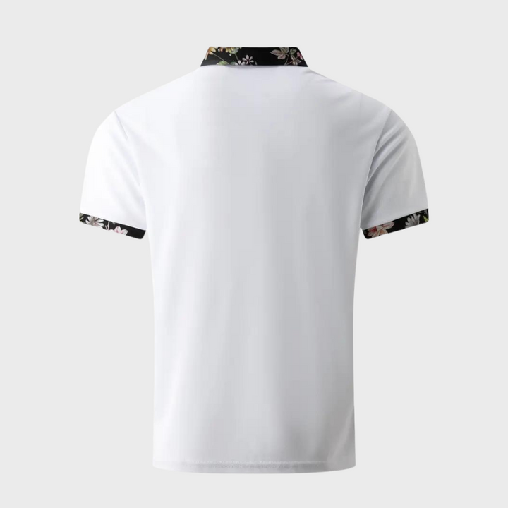 "Elegant herre poloshirt med blomsterkrave og manchetter, slank pasform, perfekt til både casual og formelle lejligheder."