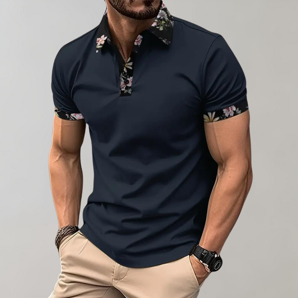"Elegant herre poloshirt med blomsterkrave og manchetter, slank pasform, perfekt til både casual og formelle lejligheder."