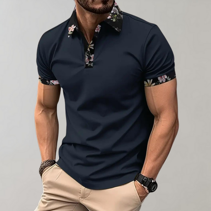 "Elegant herre poloshirt med blomsterkrave og manchetter, slank pasform, perfekt til både casual og formelle lejligheder."