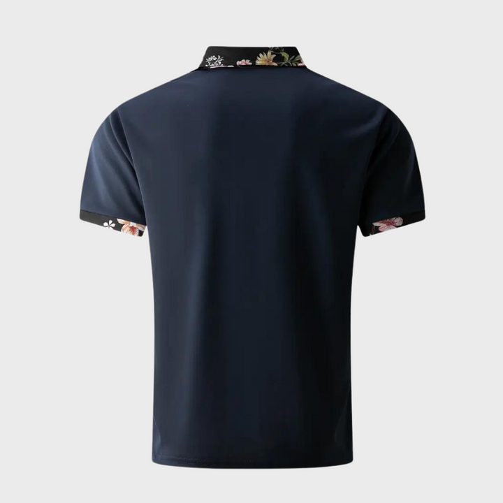 "Elegant herre poloshirt med blomsterkrave og manchetter, slank pasform, perfekt til både casual og formelle lejligheder."