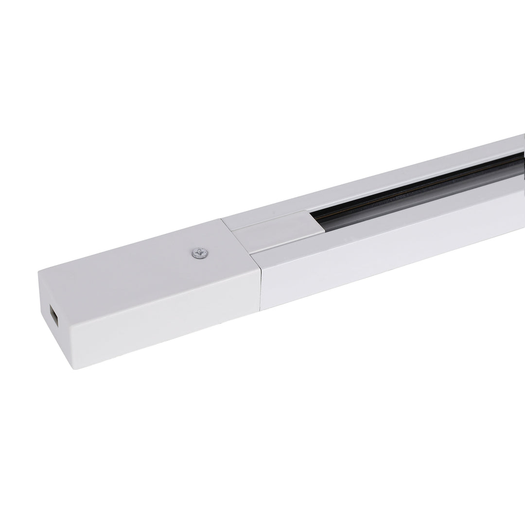 "Elegant hvid 1.5M strømskinne, 1-faset, monteret i loft, justerbar til lamper og spots, minimalistisk design."