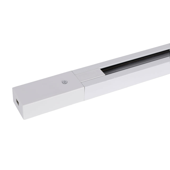 "Elegant hvid 1.5M strømskinne, 1-faset, monteret i loft, justerbar til lamper og spots, minimalistisk design."