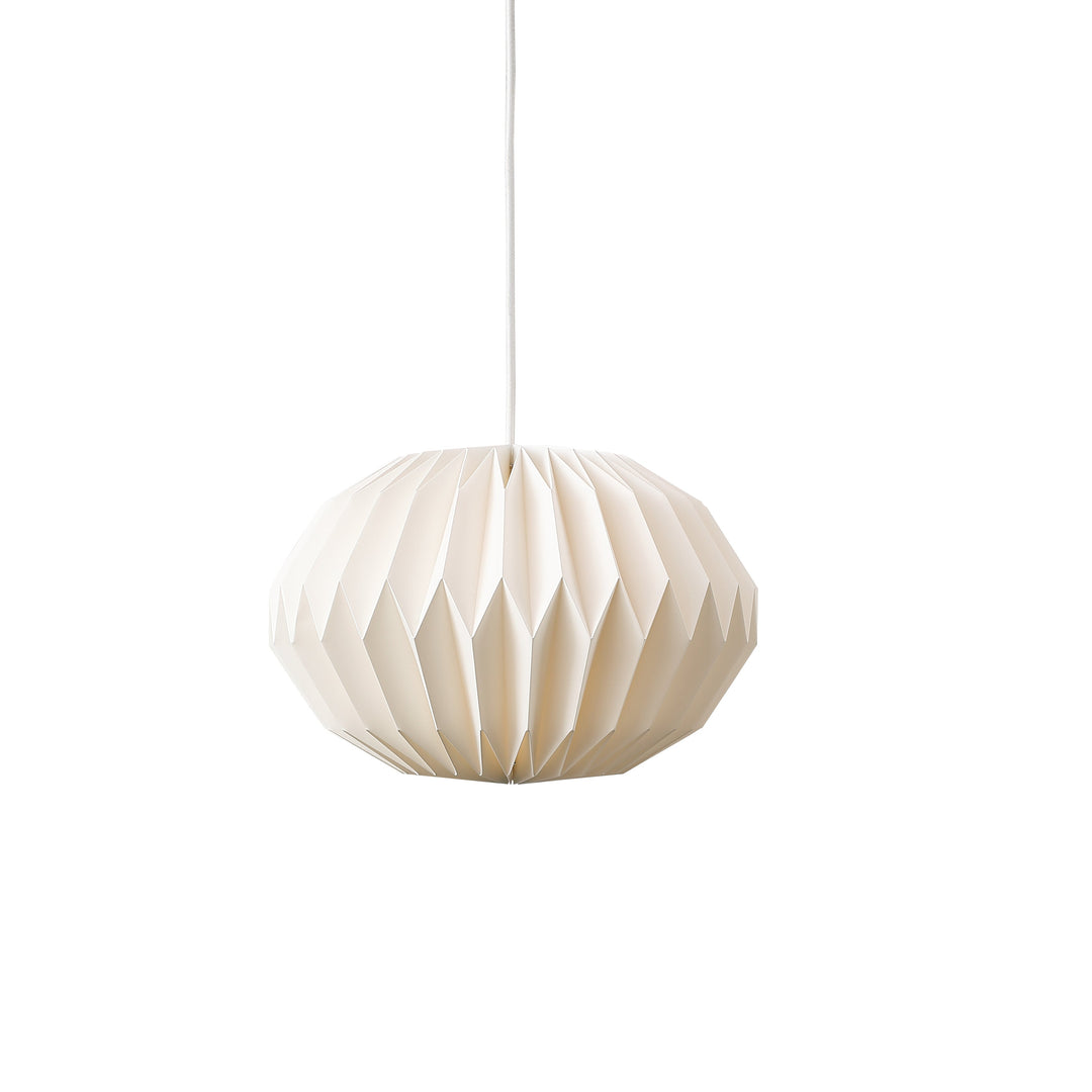 "Elegant hvid Moon Hexagon pendel i akryl med geometrisk design, jævn lysspredning og blød belysning, perfekt til stue."