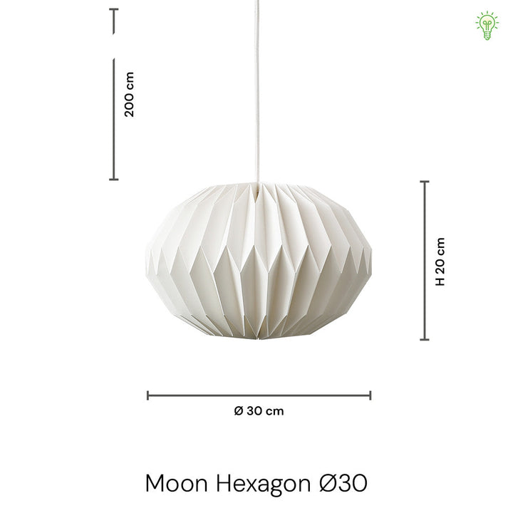 "Elegant hvid Moon Hexagon pendel i akryl med geometrisk design, jævn lysspredning og blød belysning, perfekt til stue."