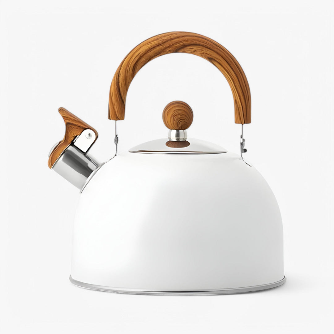 "Elegant køkkenkedel i hvid med moderne design og ergonomisk håndtag, passer perfekt til ethvert køkken."