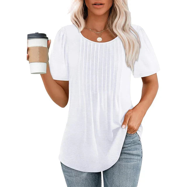 Elegant kvinders t-shirt i blødt, åndbart stof; sort farve; rund hals, korte ærmer; perfekt til hverdag og fest.