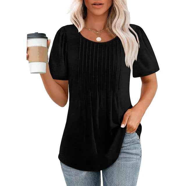 Elegant kvinders t-shirt i blødt, åndbart stof; sort farve; rund hals, korte ærmer; perfekt til hverdag og fest.