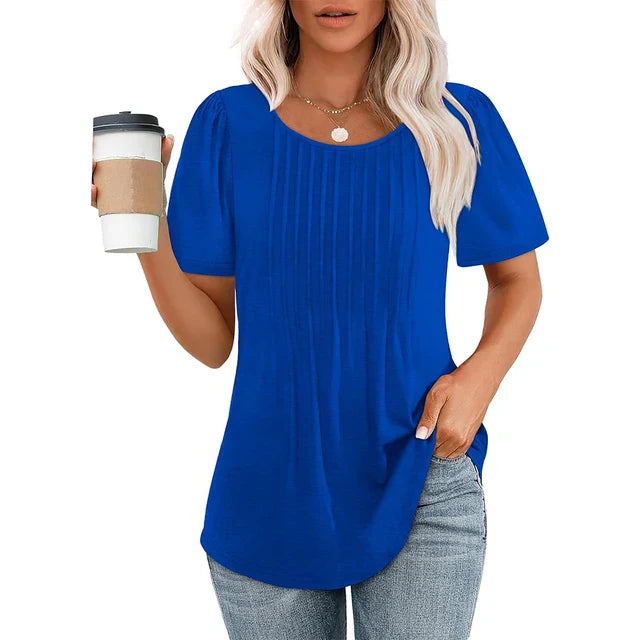 Elegant kvinders t-shirt i blødt, åndbart stof; sort farve; rund hals, korte ærmer; perfekt til hverdag og fest.