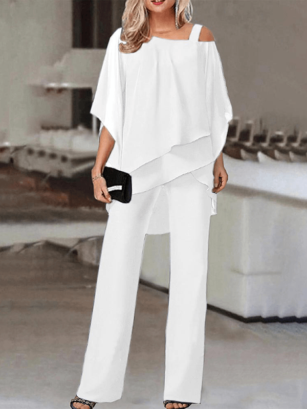 Moderne to-delt sæt til kvinder; asymmetrisk top og komfortable vide bukser. Ideel til sommer og festoutfits.
