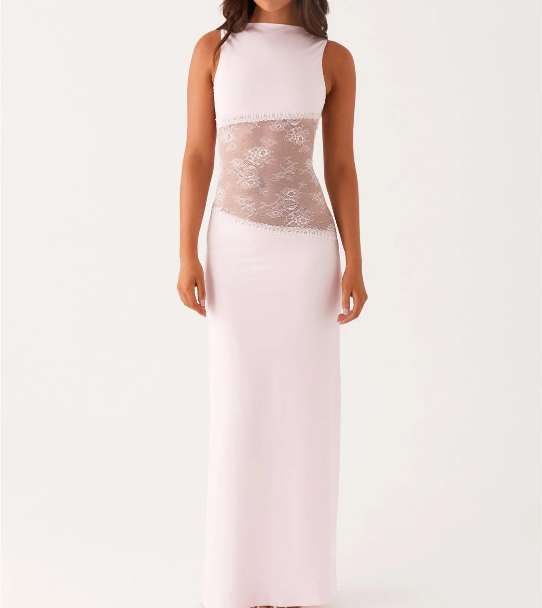Blondekjole til damer: Elegant, lang festkjole med blondepaneler. Ideel til galla og bryllup.