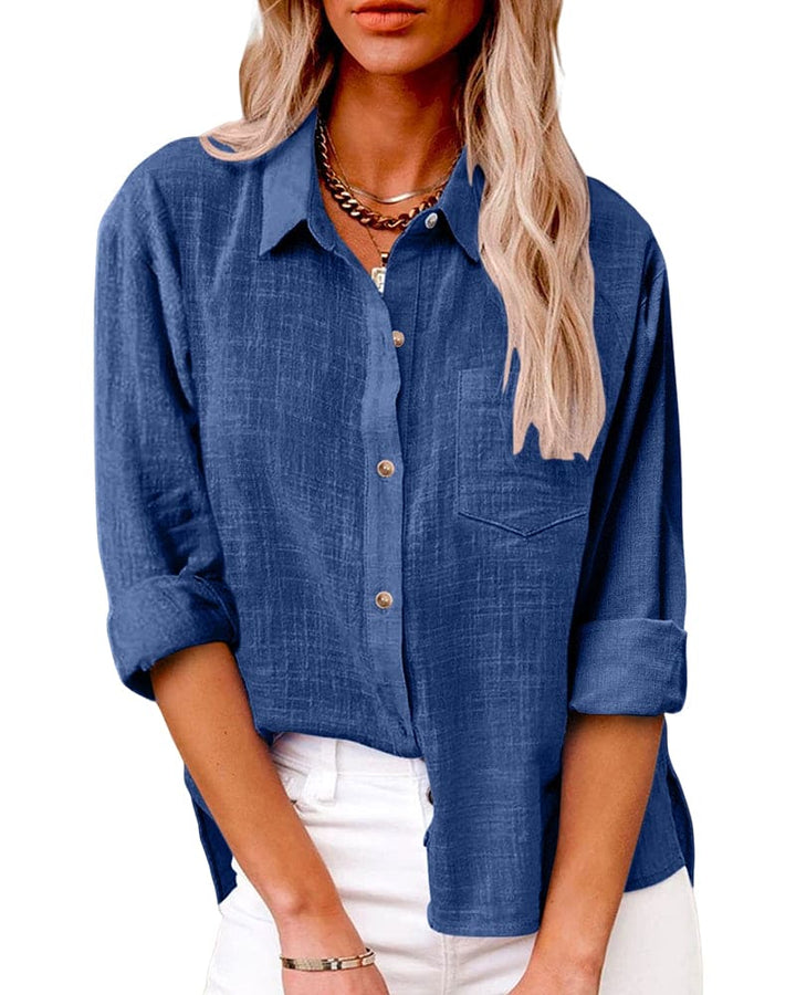 "Elegant langærmet kvindeskjorte i blødt, lys linned med button-down-design, perfekt til både formelle og afslappede anlednin
