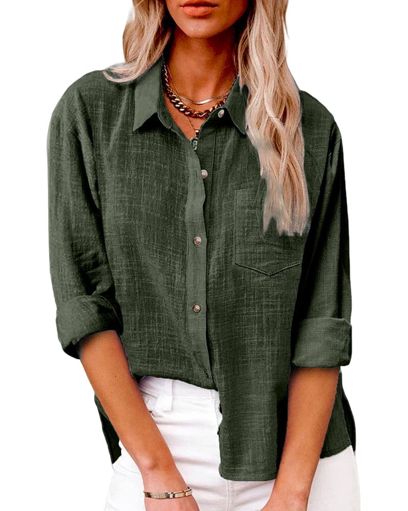 "Elegant langærmet kvindeskjorte i blødt, lys linned med button-down-design, perfekt til både formelle og afslappede anlednin