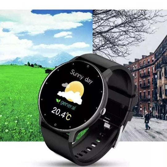 "Elegant og let smartwatch til iOS/Android, vandtæt design, til sport og hverdag, sort urrem og rund skærm."