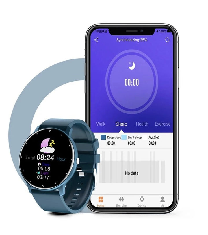 "Elegant og let smartwatch til iOS/Android, vandtæt design, til sport og hverdag, sort urrem og rund skærm."