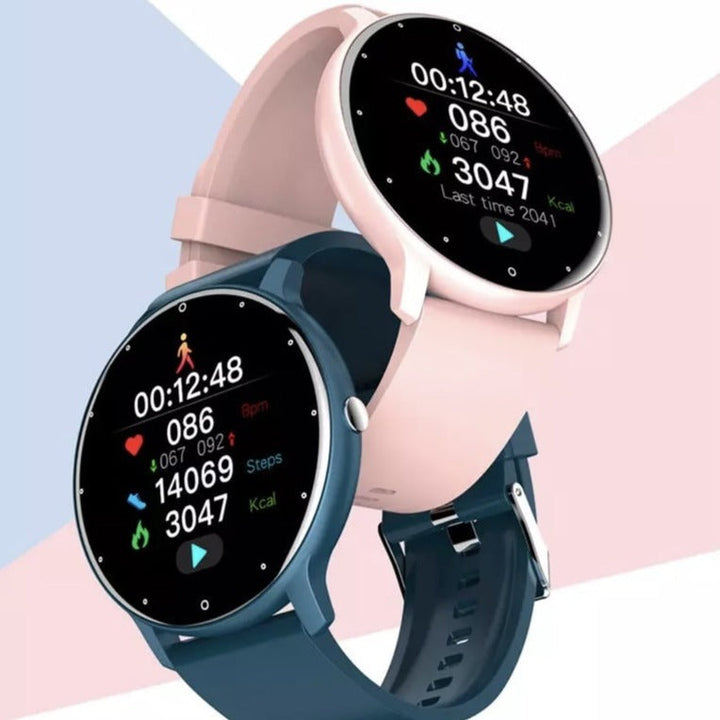"Elegant og let smartwatch til iOS/Android, vandtæt design, til sport og hverdag, sort urrem og rund skærm."