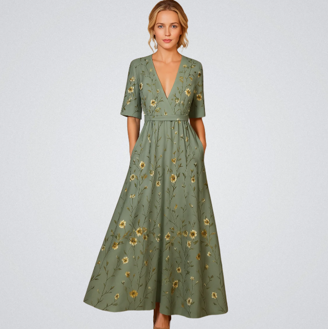 Damekjole med elegant blomsterdesign og slå-om effekt. Komfortabel og stilfuld, ideel til både fest og fritid.