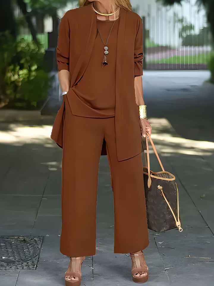 Kvinders Sofia sæt med lang cardigan, løs top og vidde bukser til elegant hverdagsbrug