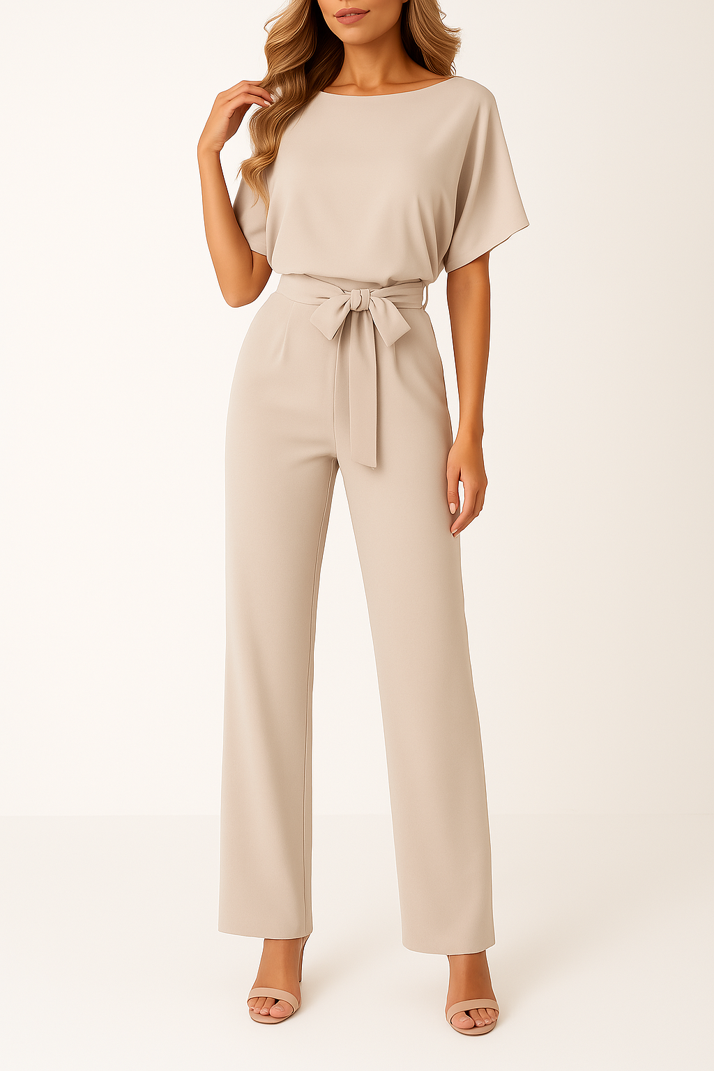 Feminin jumpsuit til kvinder med defineret talje, fremhæver silhuetten smigrende.